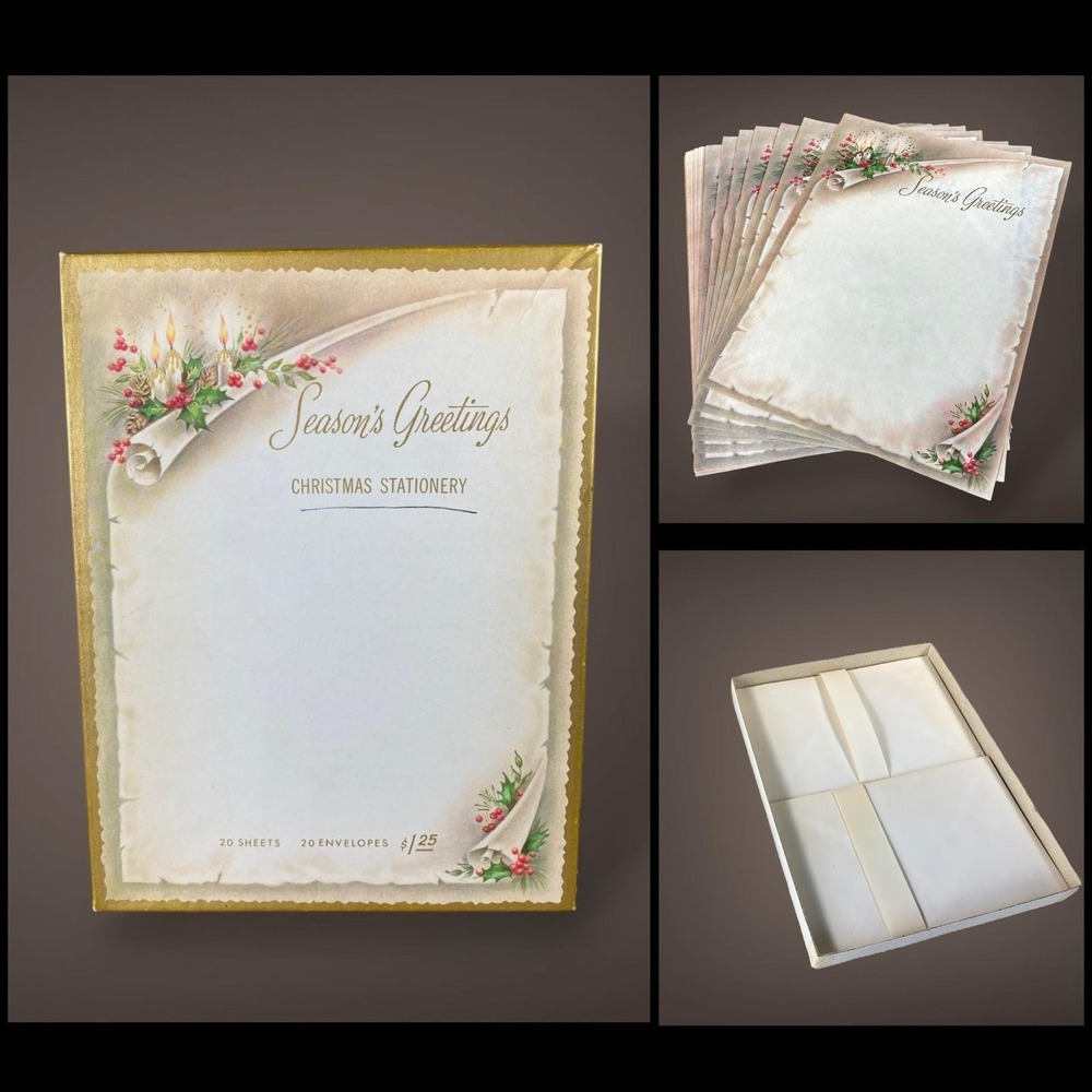 Season's Greetings Christmas Stationery Set OPEN Box 1950s 60s Holly Candle Art - Picture 2 of 10